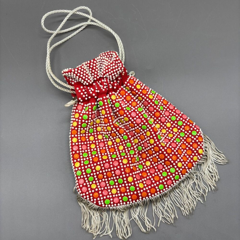 Vintage Beaded Drawstring Pouch Bag Candy Dot Fringe Red Floral Boho Hippie 70s